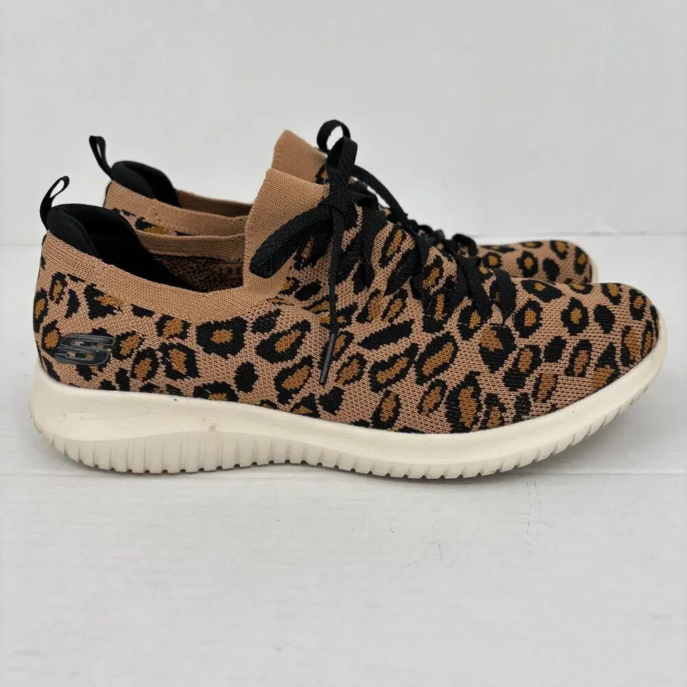 Skechers‎ Ultra Flex Safari Sneakers Size 10 Brown Black Leopard Knit Slip On